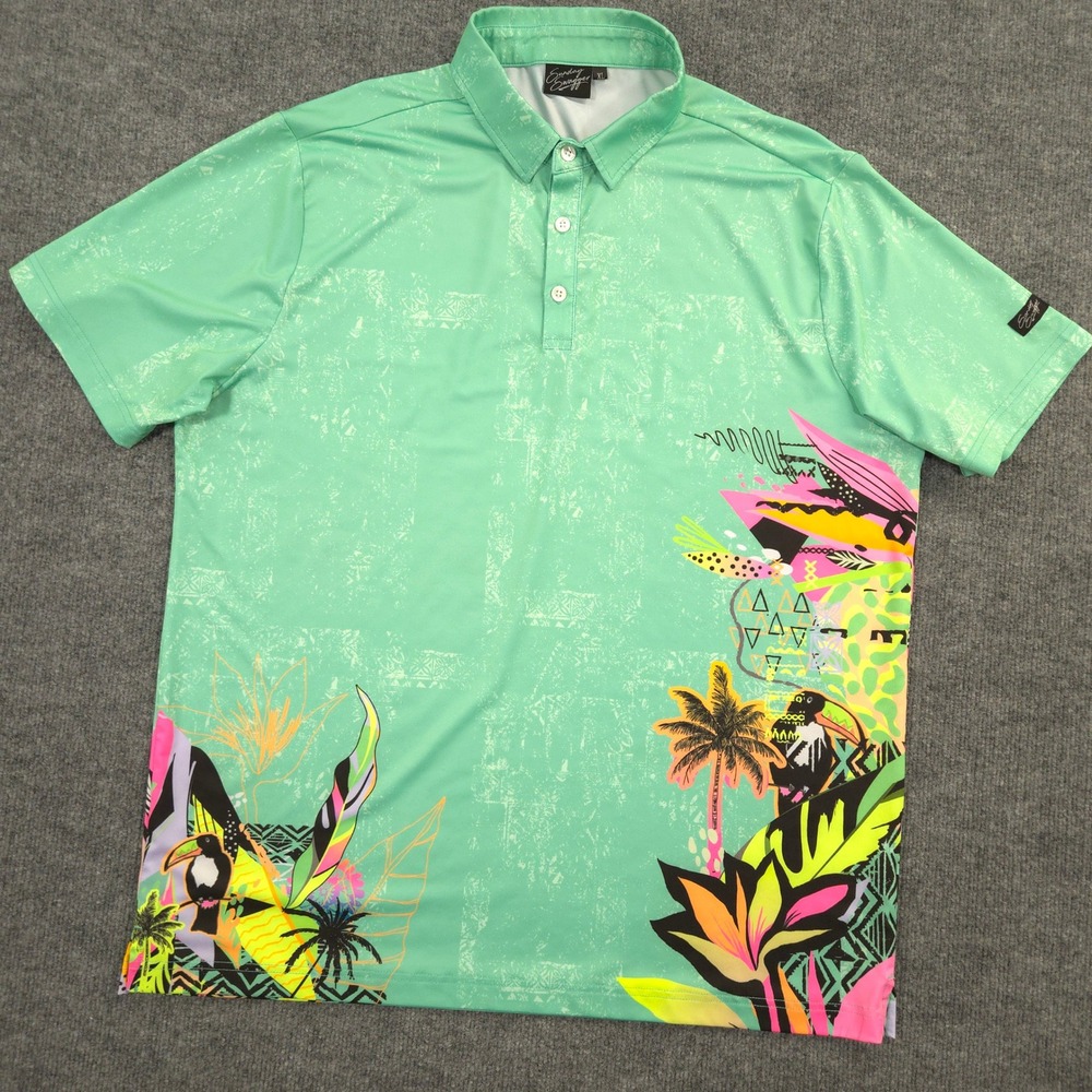 Sunday Swagger Polo Shirt Mens XL Tropical Toucan Palm Tree Performance Golf